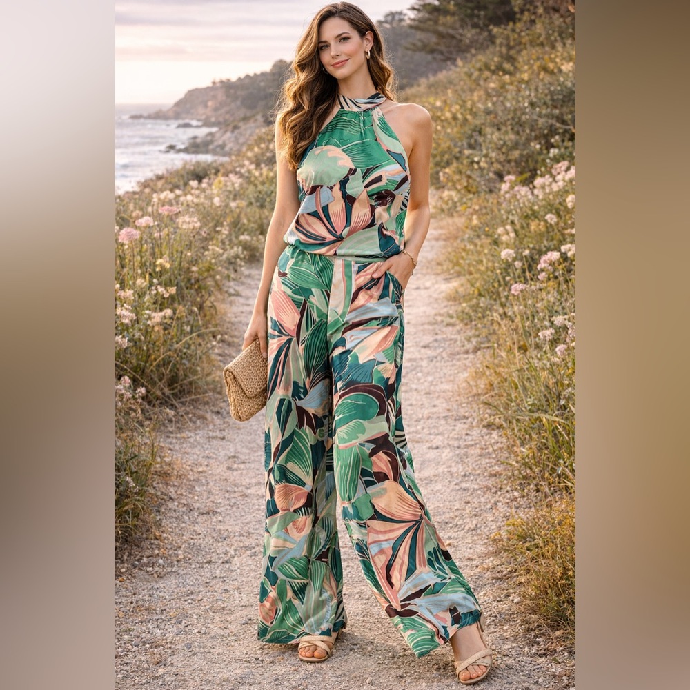 Rachel Zoe Tropical Halter Top & Wide Leg Pants Set Size L Lounge Set [000364]